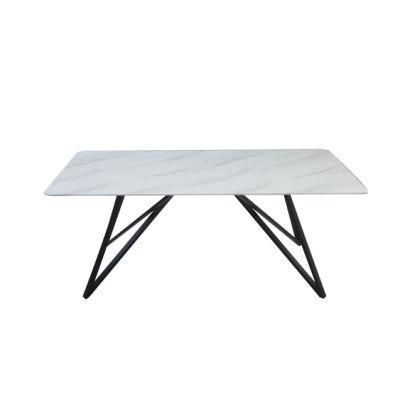 Modern Furniture Tempered Glass Marble Effect Dining Table with Coated Steel Tube Leg
