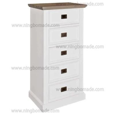 Romantic Rural Interior Furniture Grey Oak Top White Poplar Wood Base Tall Boy Storage Cabinet Drawer Chest