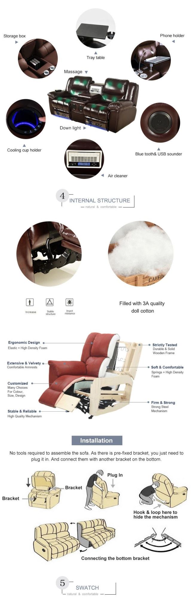 High Quality Genuine Leather Recliner Modern Simple Sofa Home Furniture