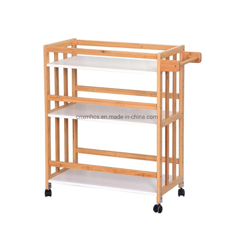 Rolling Natural Bamboo Kitchen Trolley &Storage Cart. 3-Layer Shelves Bamboo Serving Cart for Bar