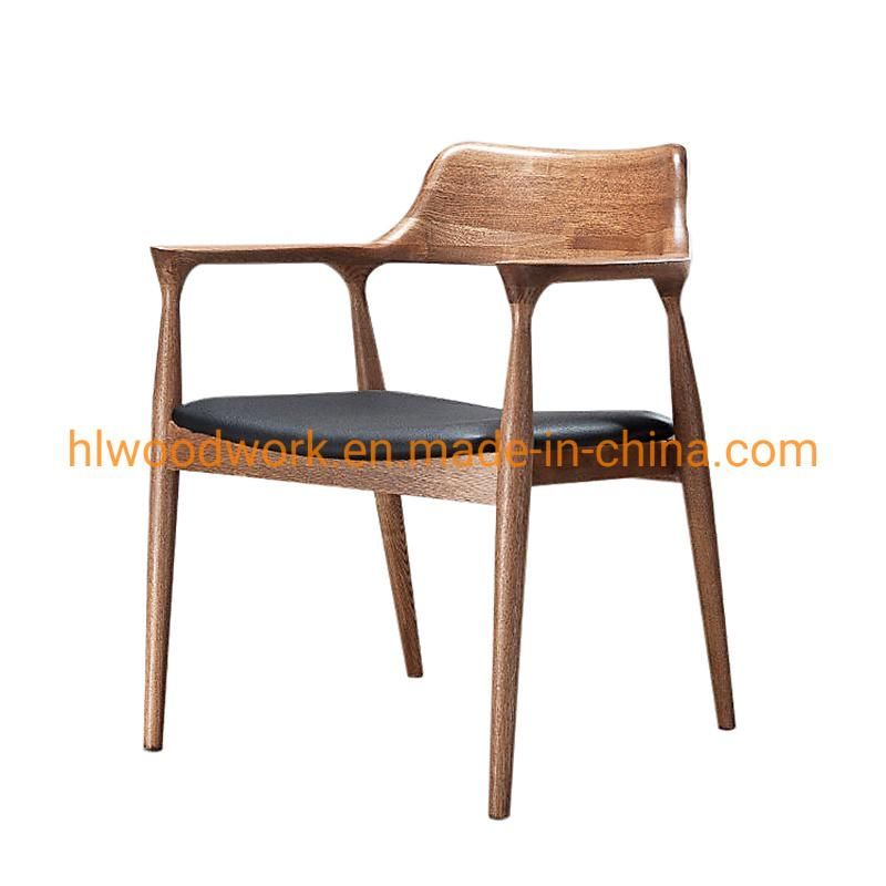 High Quality Hot Selling Modern Design Furniture Dining Chair Oak Wood Walnut Color Black PU Cushion Wooden Chair Arm Chair Dining Room Furniture Dining Chair