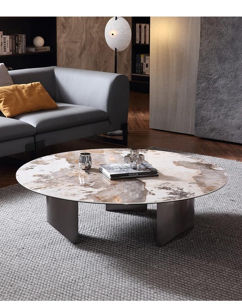 Home Furniture Titanium Round White Marble Rock Beam Coffee Table