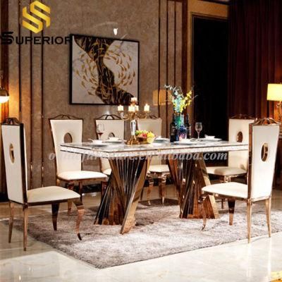 Golden Frame Marble Top Dining Table with 8 Seater Sets