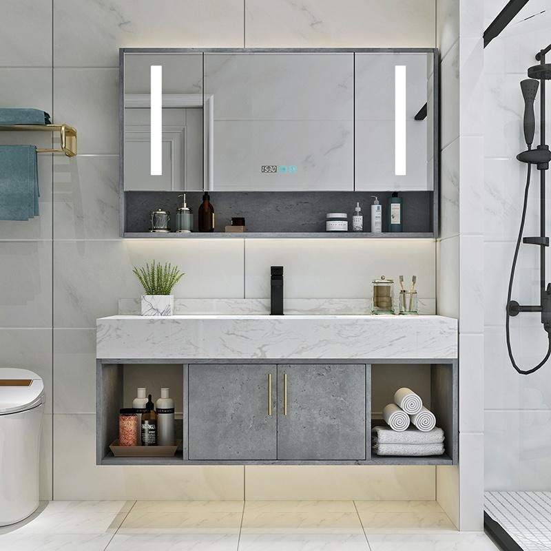 Modern Gray Bathroom Cabinet, LED Mirror Floor Mounted Bathroom Vanities
