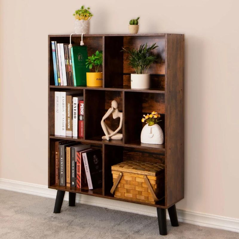Cube Bookshelf 3 Tier MID-Century Modern Bookcase with Legs, Retro Wood Bookshelves Storage Shelf, Free Standing Open Book Shelves, Rustic Brown Display