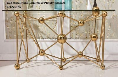 Dopro Art Design Stainless Steel Planet Series of Furniture Console Table X23 Polished, Gold Colour+Clear Tempered Glass Table Top