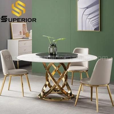 European Style Round Rotating Marble Dining Table Gold Metal Base