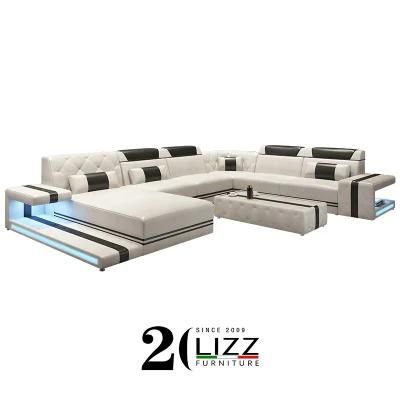 Functional LED European Modern Leisure Home Furniture Living Room U Shape Wooden Sectional Genuine Leather Sofa Set