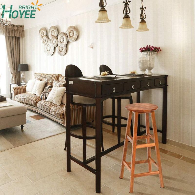 Round Acacia Wood Stool, Bar Stool Solid Wood Chair with Foot Plate, Round Seat with Stable Legs, Ideal for Kitchen, Restaurant, Pub, Bar and Hotel