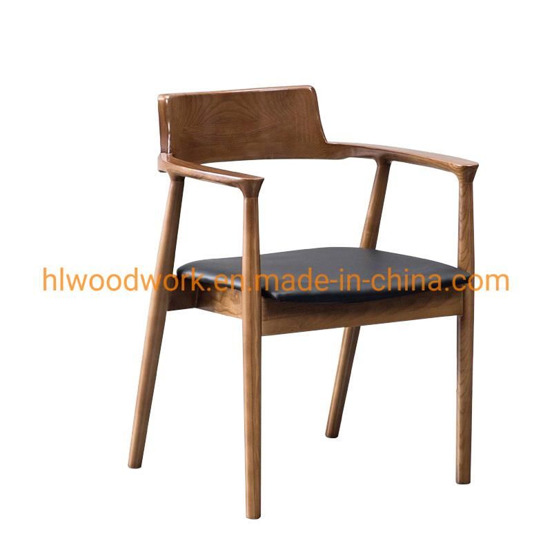 High Quality Hot Selling Modern Design Furniture Dining Chair Oak Wood Walnut Color Black PU Cushion Wooden Chair Hotel Furniture Hotel Armchair Dining Chair