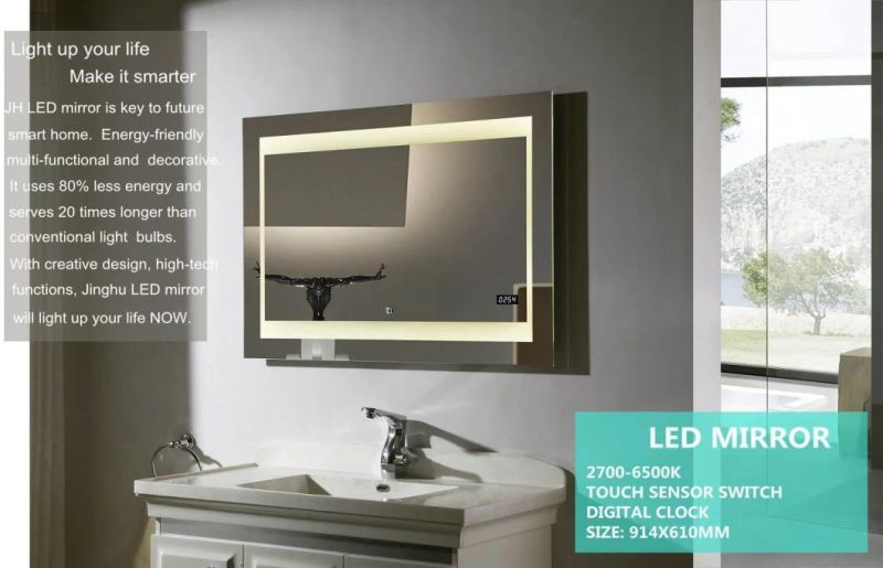 Hotel Bathroom Wall Mounted High Light Touch Sensor Stainless Steel Frame LED Mirror
