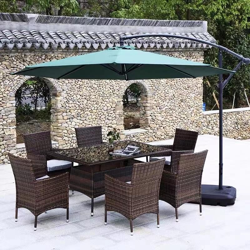 Cast Iron Outdoor Set Rectangle Clear Tempered Glass Top Table Rattan Garden Chairs Set