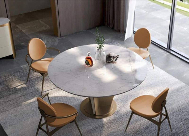 Modern Italian Luxury Style Home Dining Furniture High-End Royal Marble Top Stainless Steel Chrome Frame Dining Tables and Chairs