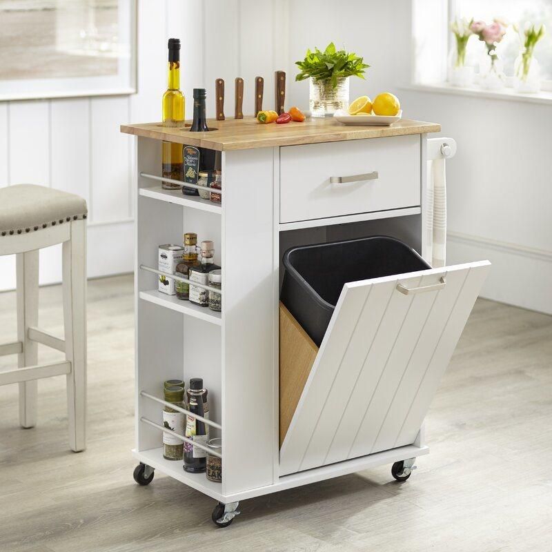 American Home Styles Antique White Painting Rubber Wood Top Kitchen Trash Cart with 1 Drawer 1 Door