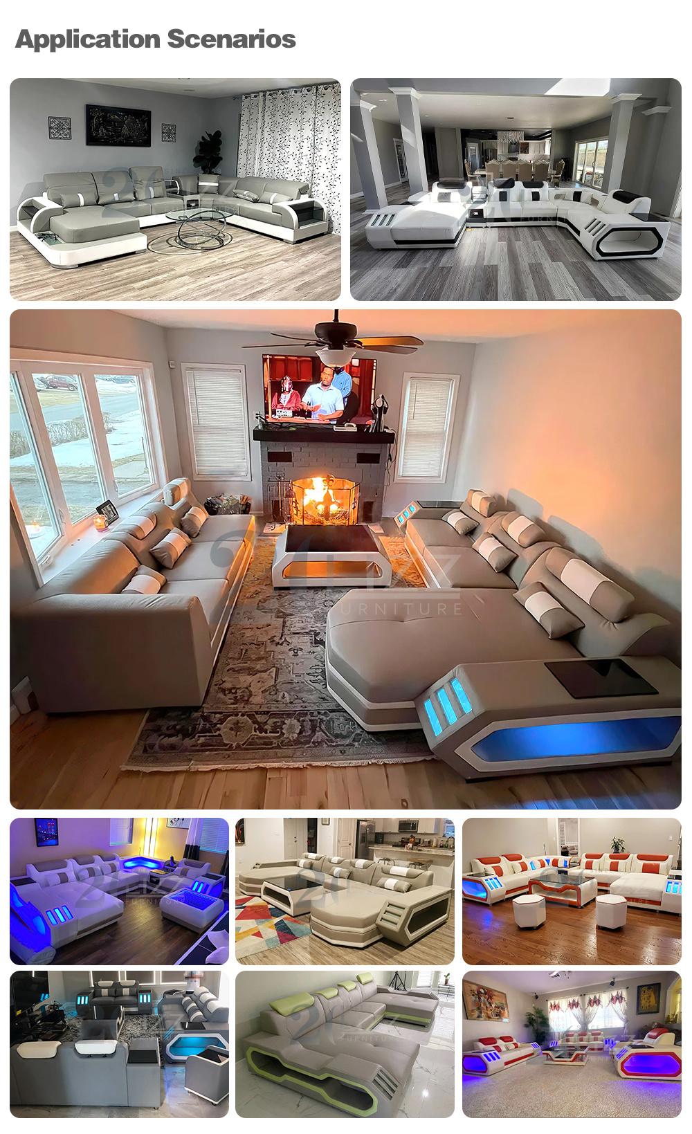 New European Modern Living Room Home Furniture Functional Top Grain Genuine Leather Leisure LED Sofa