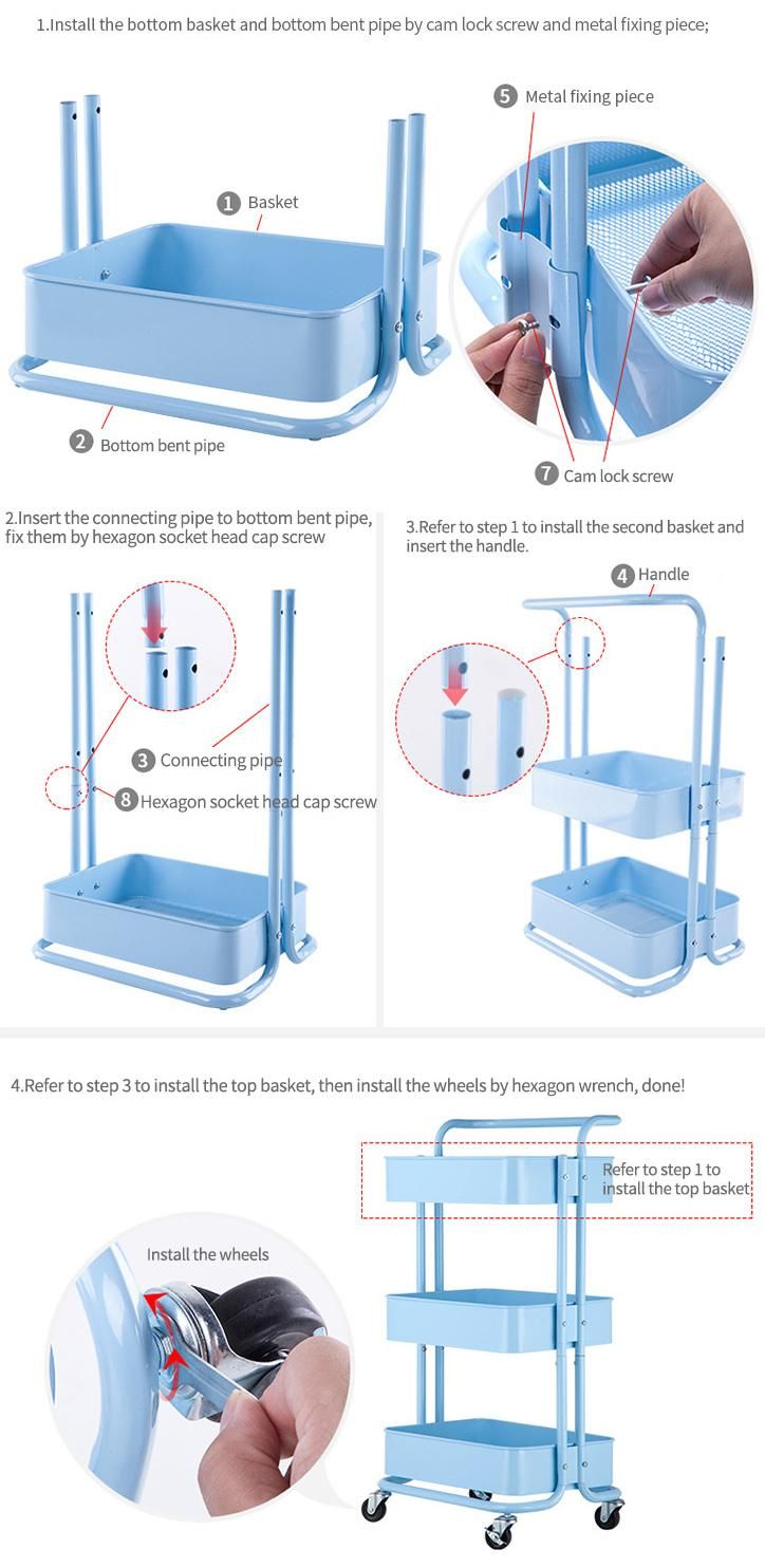 Movable Storage Rolling Cart Organizer Shelf 3 Tier Home Adjustable Kitchen Rack Trolley