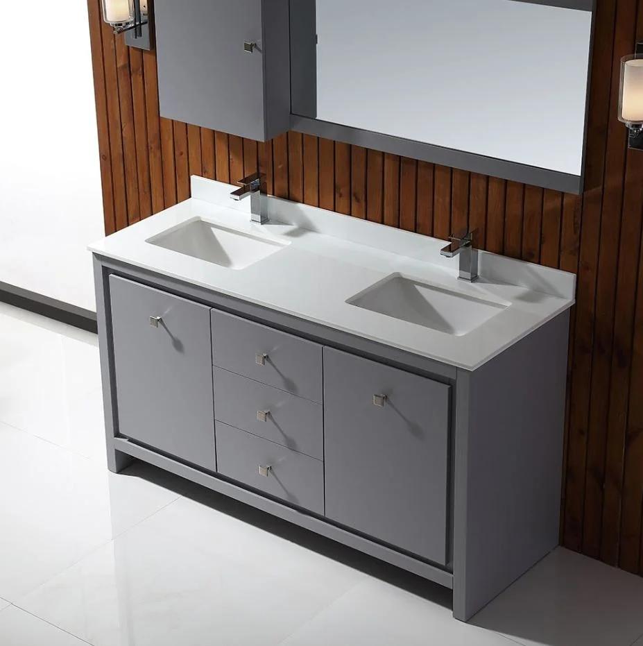 Simple Grey Marble Countertop Solid Wood Bathroom Cabinet
