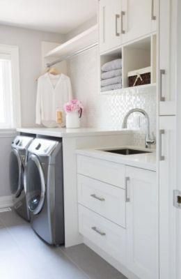 Transitional Gray Floor Laundry Room Design White High Gloss Lacquer Washer Dryer Cabinets