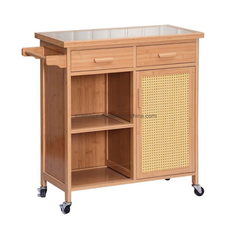 Modern Durable Home Furniture Bamboo Kitchen Trolley with Storage Cabinet & Towel Rack Bar Serving Cart Kitchen Trolley Cart with Wheels