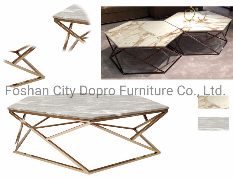 Hexagon Marble Top Golden Stainless Steel Coffee Table for Living Room Furniture