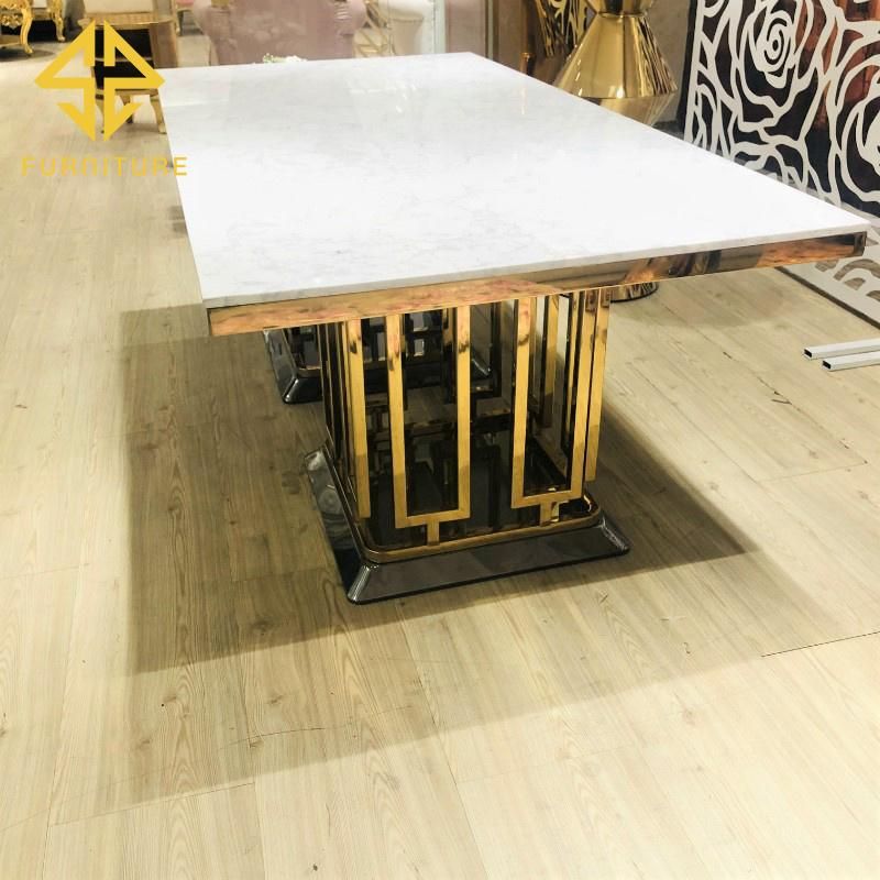 Sawa Modern Luxury Golden Stainless Steel Frame Marble Top Wedding Banquet Dining Table for Hotel Event Used