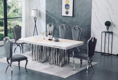 Modern Restaurant Luxury Silver Stainless Steel Frame Marble Glass Top Dining Table for Home Living Room