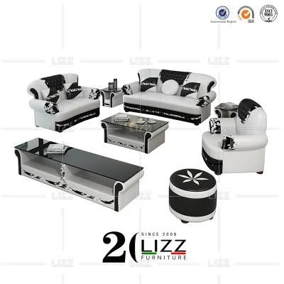 High Quality Classic Design Pattern Italian Living Room White Genuine Leather Sofa with Coffee Table