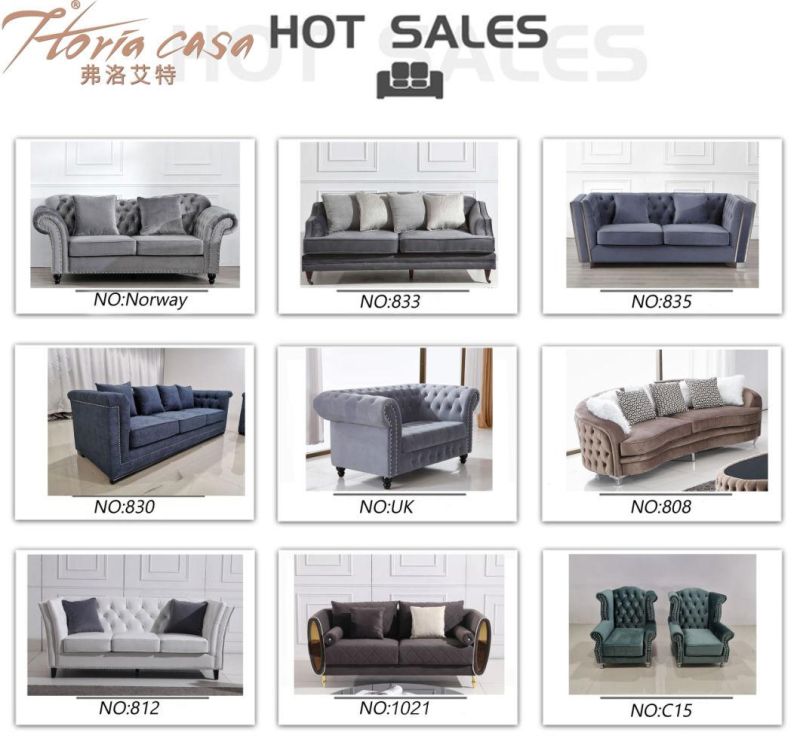 Luxury Home Furniture Modern Fabric Sofa Set Leisure Living Room Velvet Grey Couch with Silver Legs