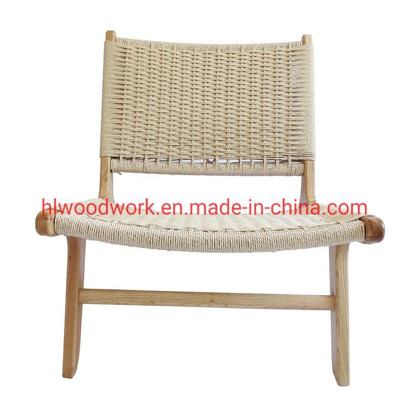 Saddle Chair Ash Wood Frame Natural Color with Woven Fabric Rope Without Arm Leisure Chair Outdoor Furniture