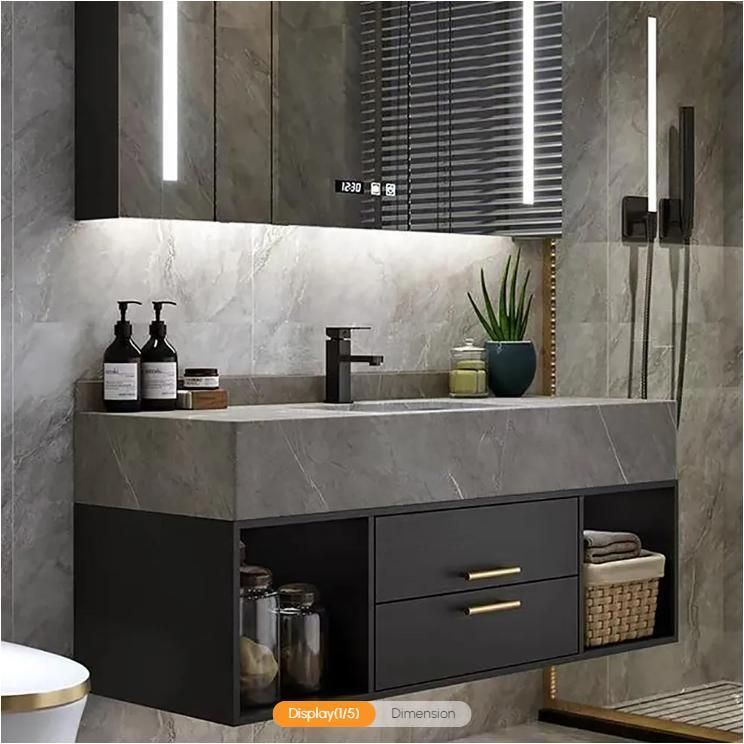 40" Gray Floating Bathroom Vanity with Stone Top Wall Mounted Cabinet