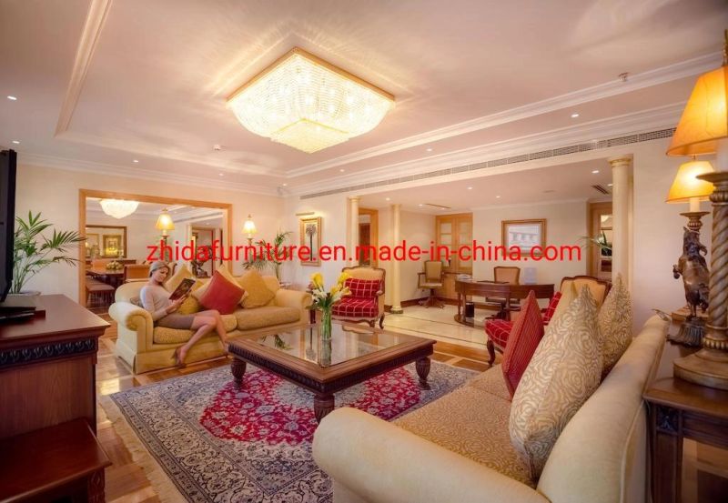 Luxury High Grade Custom Made Wooden Commercial Hotel Apartment Furniture Living Room Master Bedroom Fabric King Size Bed with European Style Sofa
