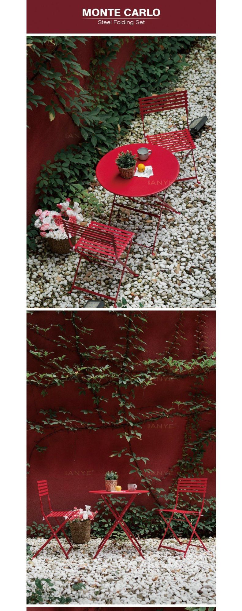 Red Metal Outdoor Furniture Portable Round Dining Table and Folding Chair with Modern Design