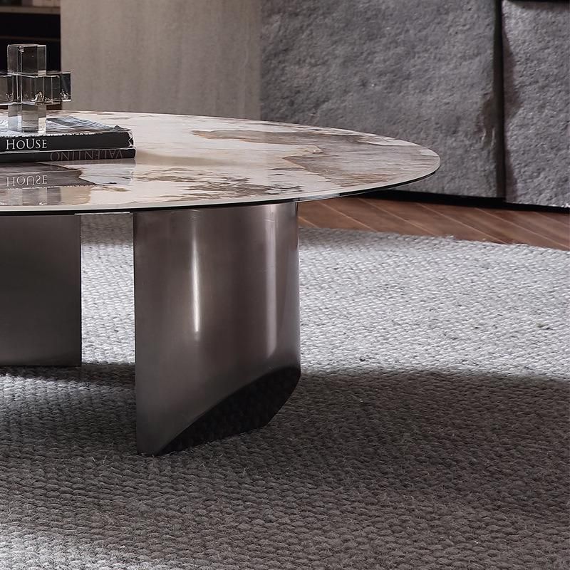 Modern Furniture Titanium Round Marble Rock Plate Coffee Table