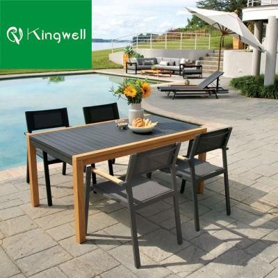 Modern Outdoor Furniture Aluminum Stackable Chairs Teak Armrest Cafe Coffee Dining Table for Restaurant