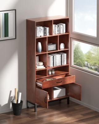 Bookcase with Doors, Tall Wood Open Bookshelf with 4 Tiers Shelf, 2 Doors Storage Cabinet and 1 Drawer Pantry for Home