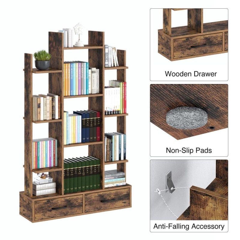 Bookshelf with 2 Wooden Drawers, Rustic Wood Bookshelves, Free Standing Book Shelf Industrial Shelf Free Standing Storage Shelf for Bedroom, Living Room