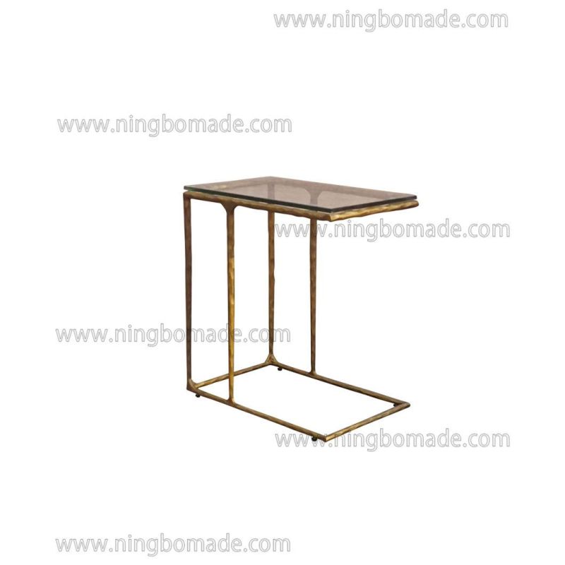 Thaddeus Sculptural Forged Collection White Tempered Glass Top Light Brass Solid Metal Base Sofa Table