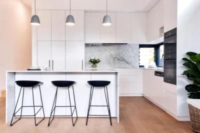 L-Shaped Matt White PVC Membrane Kitchen Cupboard with Island Laminate Modern Kitchen Cabinets