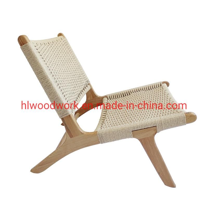 Saddle Chair Ash Wood Frame Natural Color with Woven Fabric Rope Without Arm Leisure Chair Outdoor Furniture