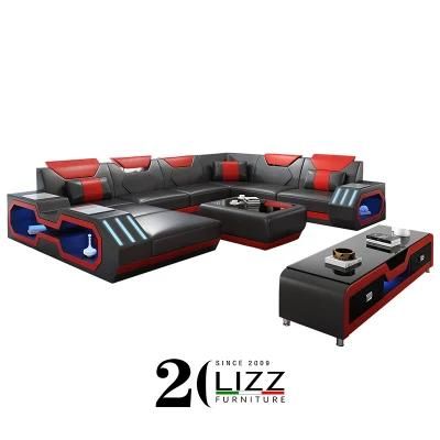 Modern Living Room Leather Sectional Sofa with 7-Colors LED Lighting