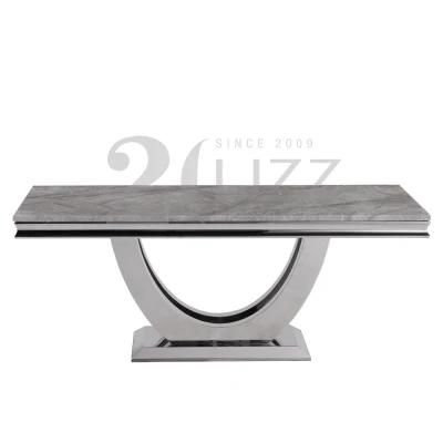 Professional Contemporary Modern Premium Grey Mable Top Dining Table with Stainless Steel Feet
