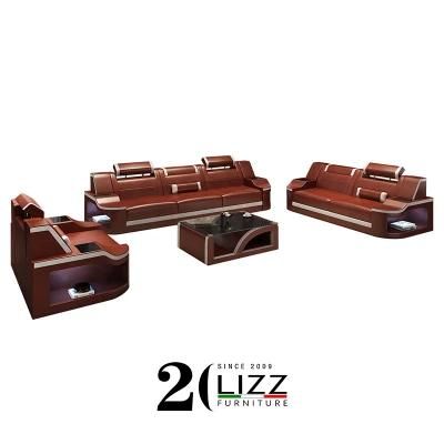 European Modern Living Room Furniture LED Luxury Couch Genuine Leather Sofa Set