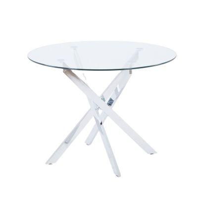 Industrial Simple Style 10mm Thickness Glass Top Round Metal Tube Cross Legs Dining Table