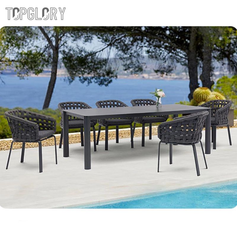 Outdoor Garden Rattan Furniture PVC Rubber Webbing Weaving Dining Table and Chairs for 6 People Seater