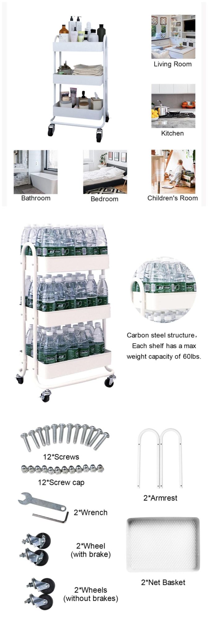 White Metal Movable Trolley Organizer Kitchen Storage Holder Rack Utility Rolling Trolley Cart