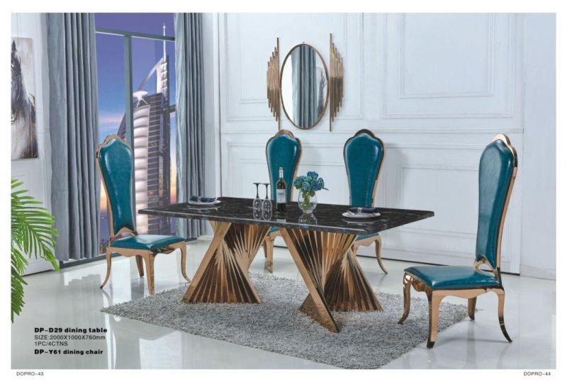 High Quality Rose Gold Stainless Steel Center Column Marble Dining Table