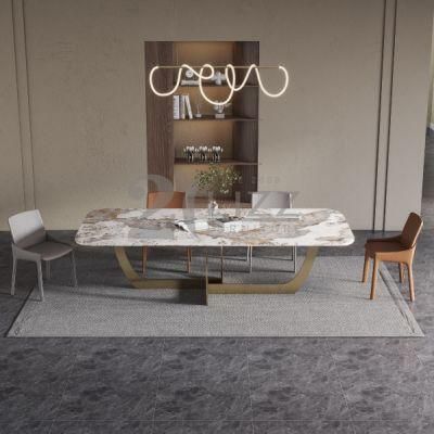 Foshan Home Furniture Wholesale Price Italian Design Dining Room Rectangle 6 8 Rock Dining Table with Stainless Steel Legs