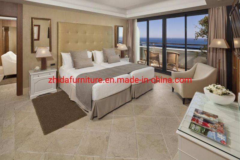 Luxury 5 Star Standard Seaside Hotel Apartment Living Room Villa Bedroom Furniture Wooden King Size Bed with Button Design Headboard for Project
