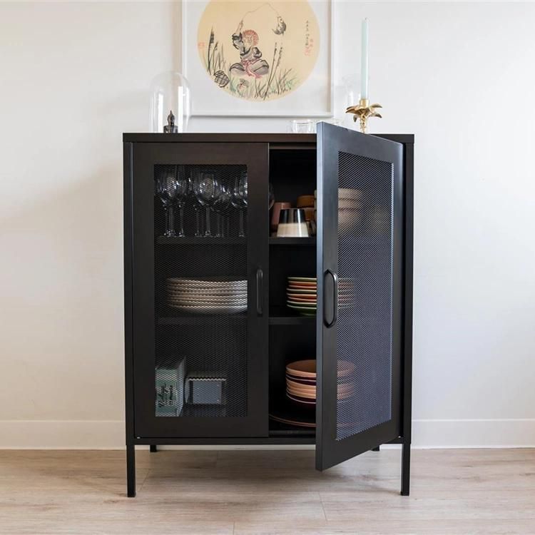 Luxury Modern Living Room Mesh 2-Door Accent Cabinet Metal Cabinet Black with Powder Coated