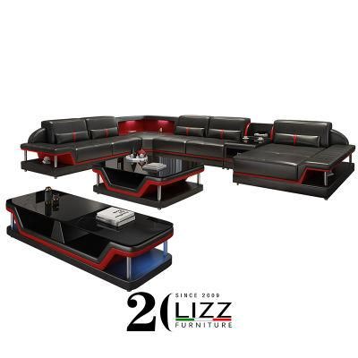 High Quality Modern Leather Sofa with Remote-Controlled LED Lights
